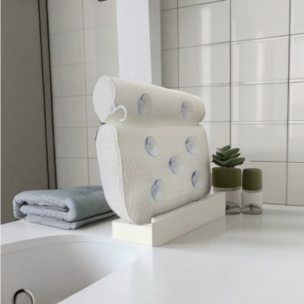 White bathtub pillow with mesh design and suction cups on underside
