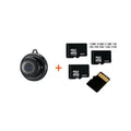 White plastic WiFi security camera with night vision, placed on a shelf, with optional 64GB storage and UK power adapter.