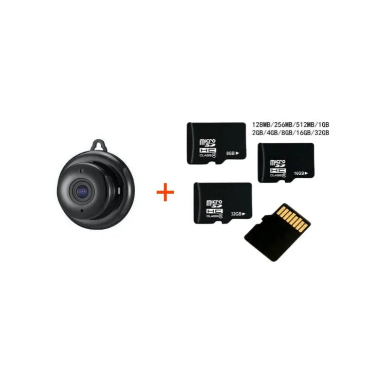 White plastic WiFi security camera with night vision, placed on a shelf, with optional 64GB storage and UK power adapter.