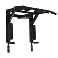 Black steel wall-mounted fitness rack with sandbag hanger, parallel bars, and pull-up bar.