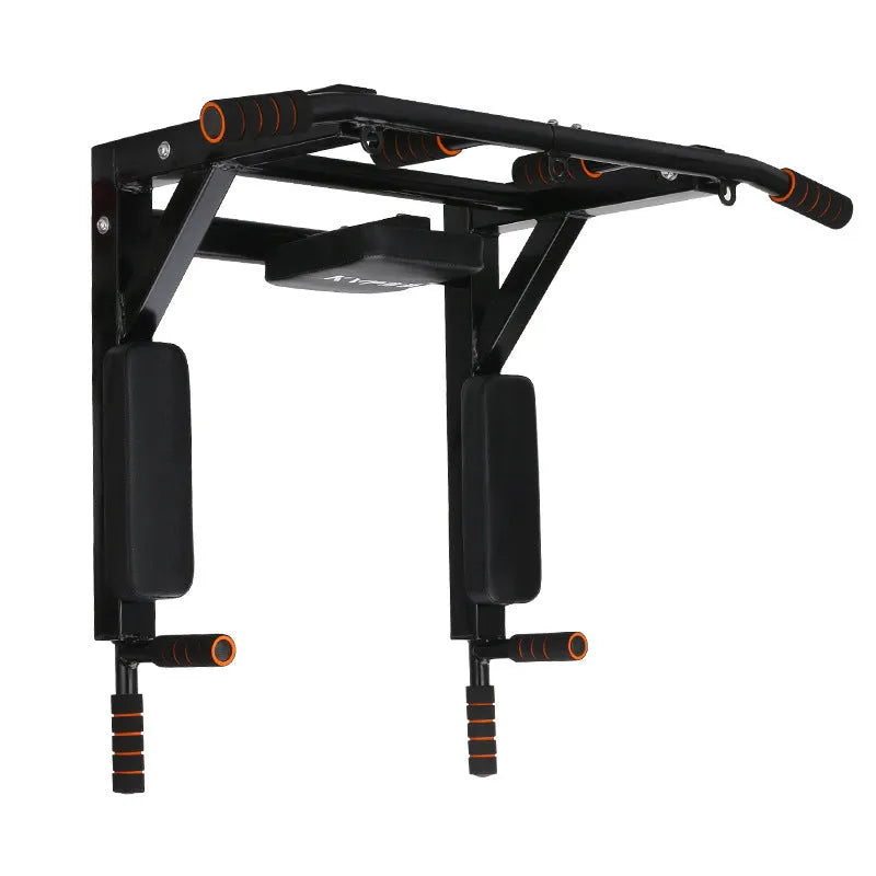 Black steel fitness rack with parallel bars and sandbag mounting points, dimensions 77cm wide