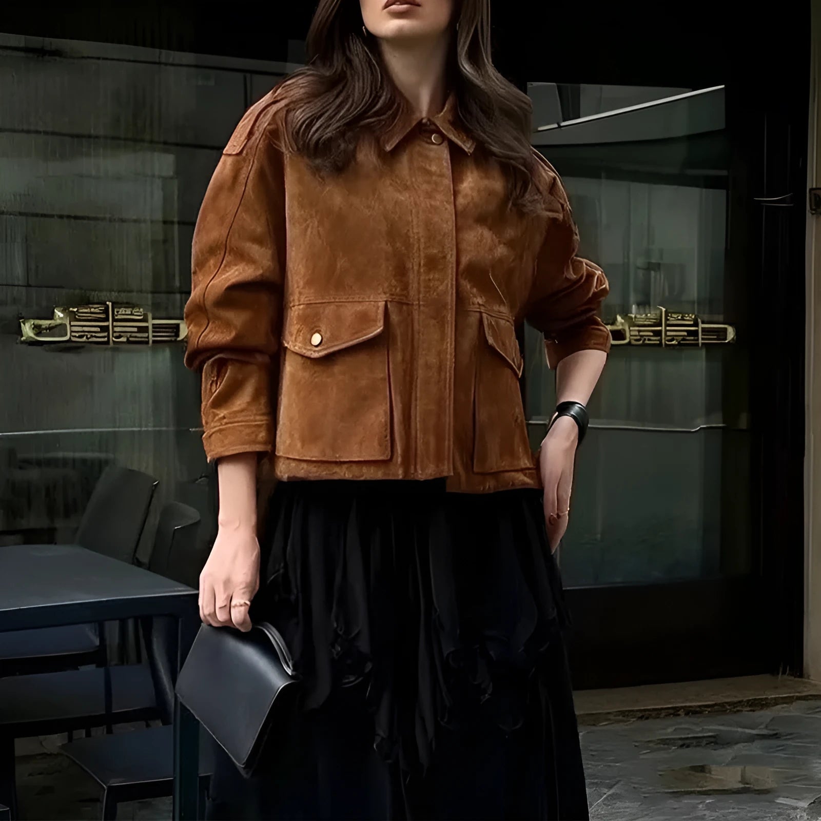 Women's suede coat in street chic style with regular sleeves available in brown colours