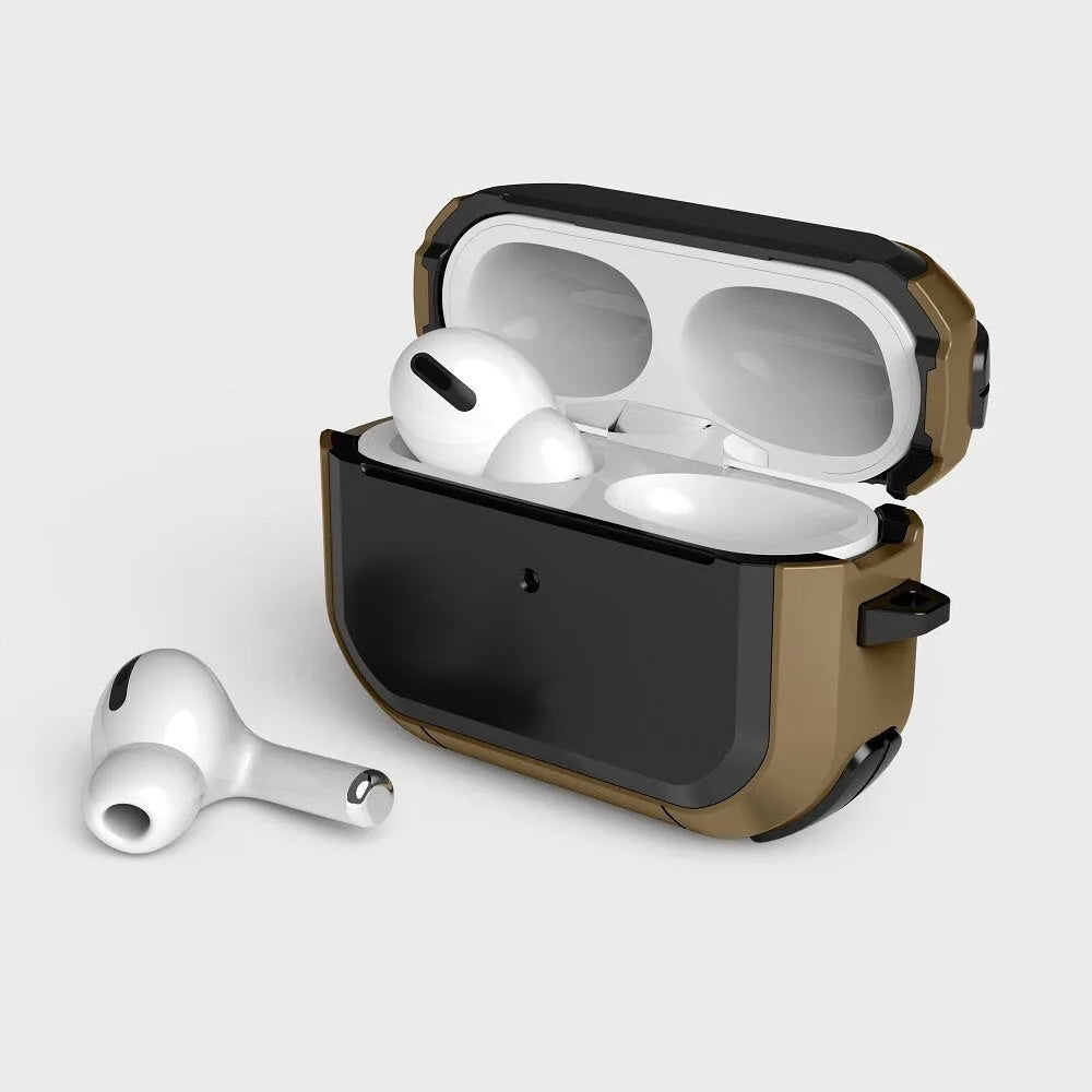 Black TPU and PC protective case for AirPods 1, 2 and Pro models on a white background.