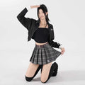 High-waist American retro A-line pleated skirt in black plaid pure cotton spandex blend, front view