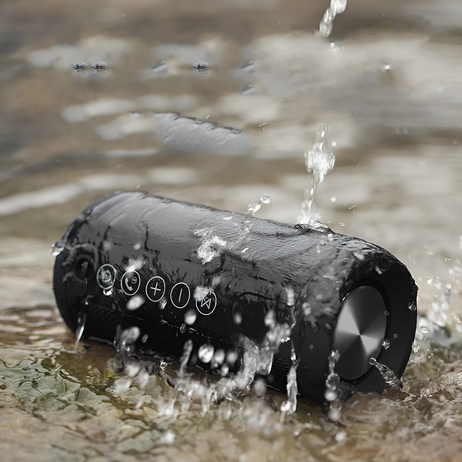 Outdoor waterproof portable Bluetooth speaker in black, camouflage, grey, or red.