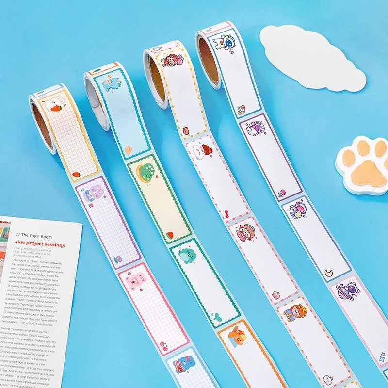 Roll of colourful cartoon name tape stickers showing Dinosaur, Astronaut, Rabbit, and Girl designs