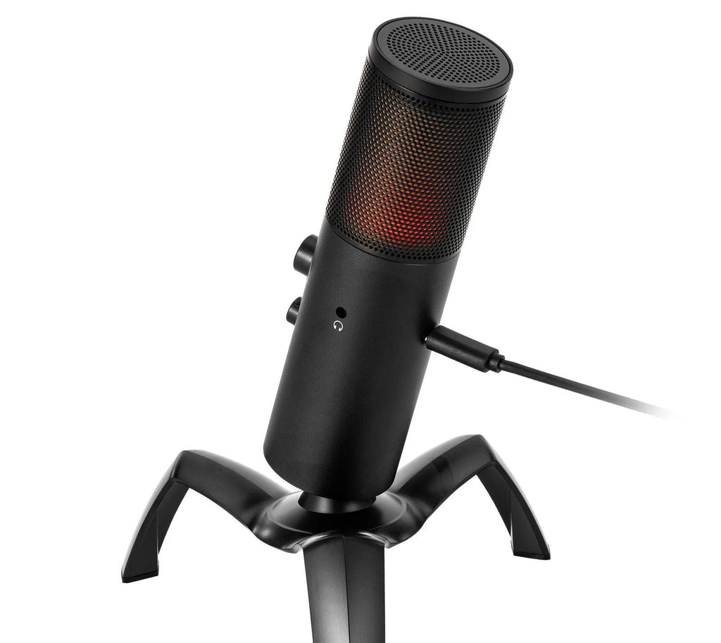 Black Q18 USB condenser microphone with tripod stand and RGB lighting effects on circular control knob
