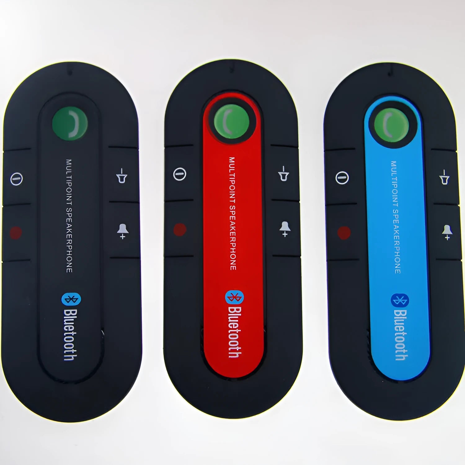 Black Bluetooth handsfree car kit with back clip, auxiliary cable, car charger and USB cable.