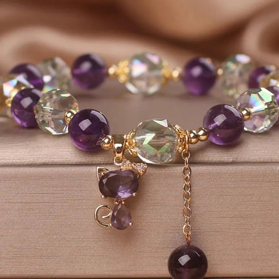 Natural amethyst fox pendant crystal bracelet with purple flower charm and antique styling
