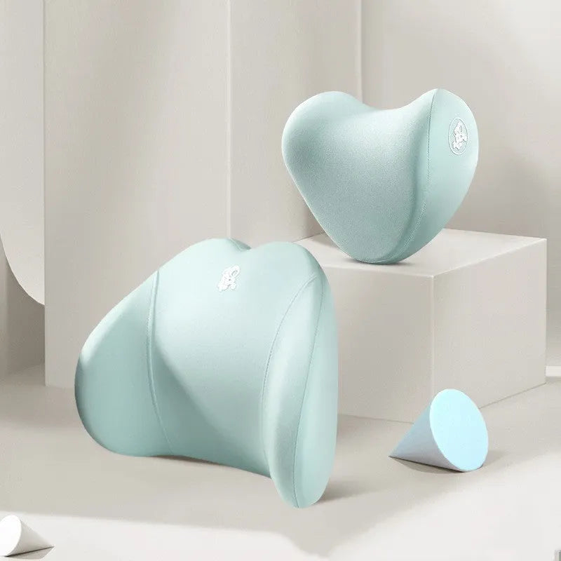 Heart-shaped memory foam car pillow set showing lumbar support and headrest pillow in grey colour with contrasting heart design