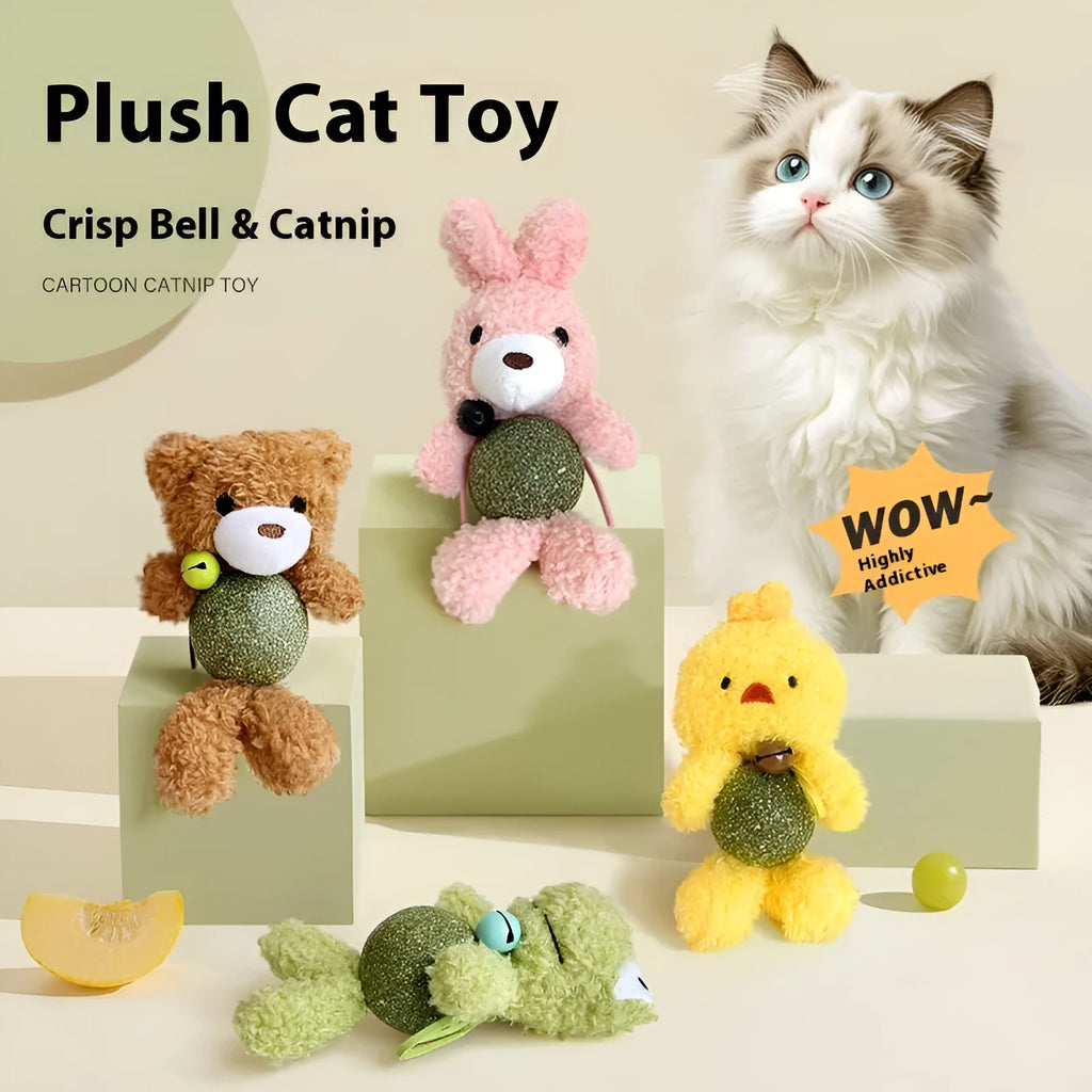 Plush catnip toy shaped like a small doll with a mint ball, in brown bear, pink rabbit, green frog or piyopiyo colour.