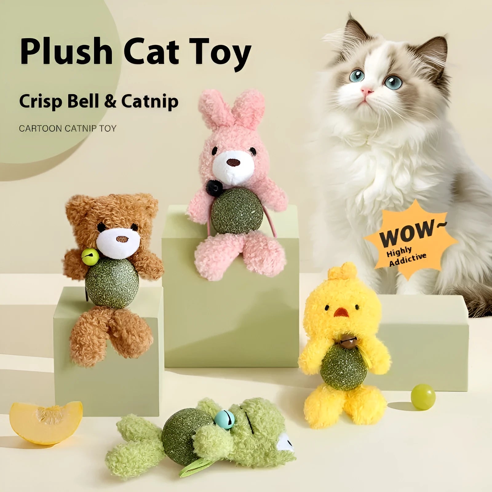 Plush catnip toy shaped like a small doll with a mint ball, in brown bear, pink rabbit, green frog or piyopiyo colour.