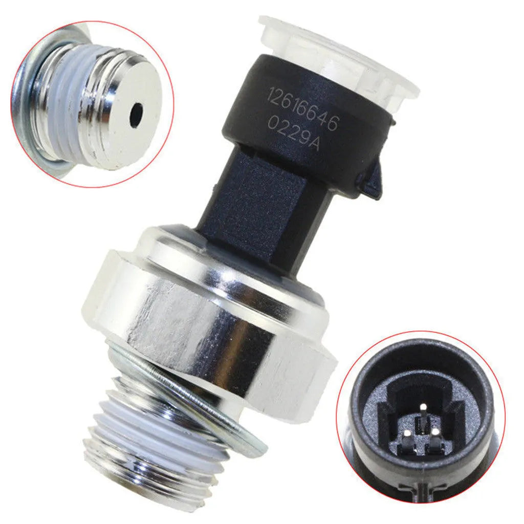 Buick and Chevrolet oil pressure sensor with part numbers 12573107 and 12614969 visible.