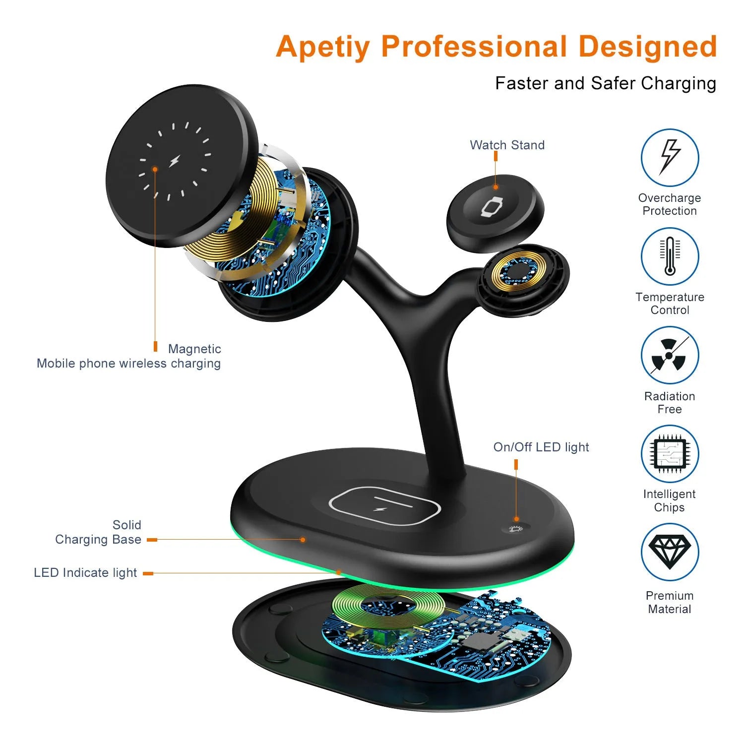 Black three-in-one magnetic wireless charging pad on a table.