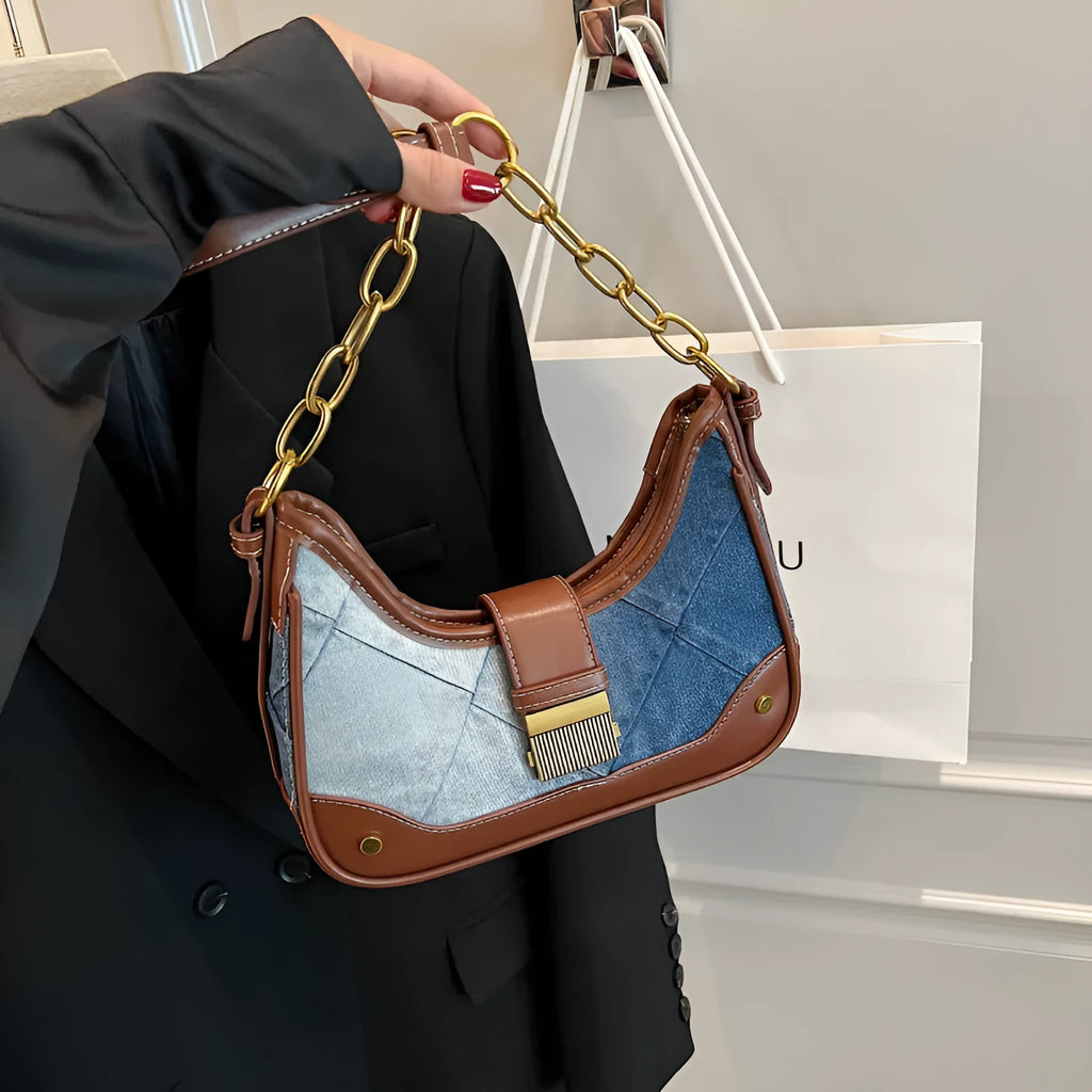 Brown denim women's shoulder bag with chain straps and diamond mesh decorative accents