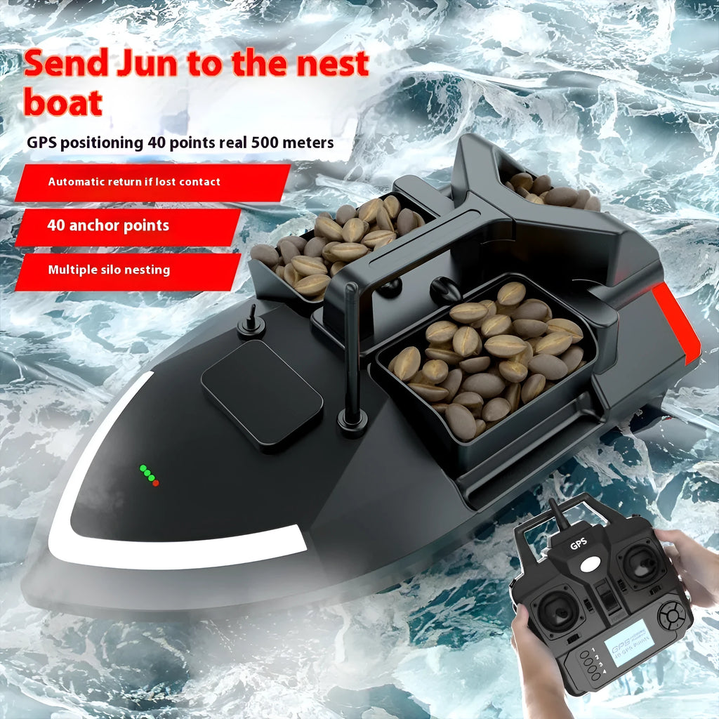 Black GPS remote control fishing boat on water with handheld transmitter, showing LED light.