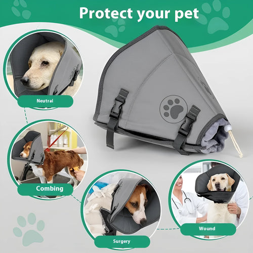 A soft, adjustable polyester pet collar ring shown in a casual style for post-surgery wound protection.