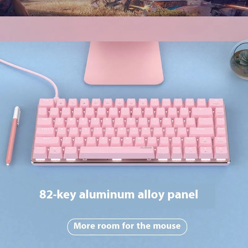 Pink mechanical gaming keyboard with white backlight showing 82-key layout
