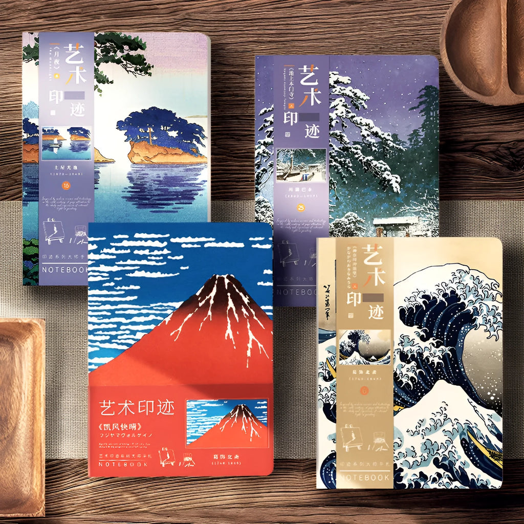 Ukiyo-e Kanagawa surfing village hand ledger notebook showing retro design and artwork