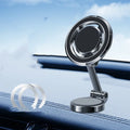 Car phone holder with magnetic adhesive mount and 360 degree rotating bracket on dashboard