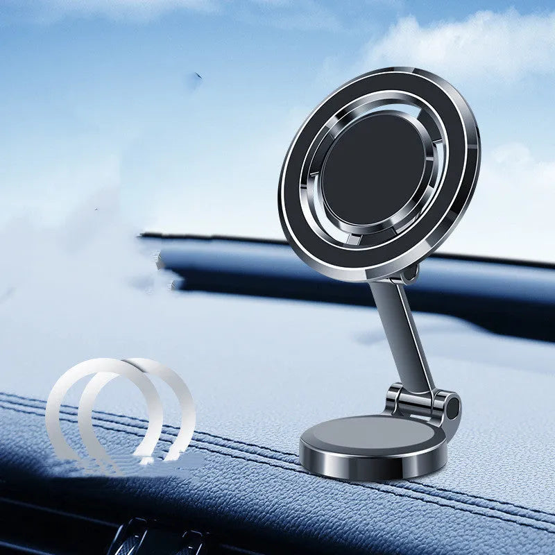Car phone holder with magnetic adhesive mount and 360 degree rotating bracket on dashboard
