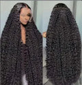 Women's long curly black synthetic lace wig with side bangs in small roll Afro style.