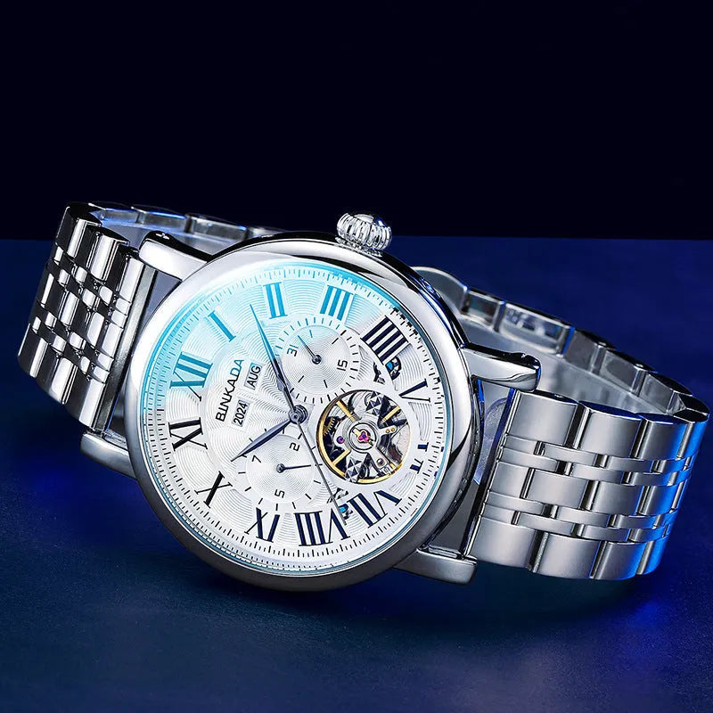 Men's automatic waterproof watch with steel strap in business style design