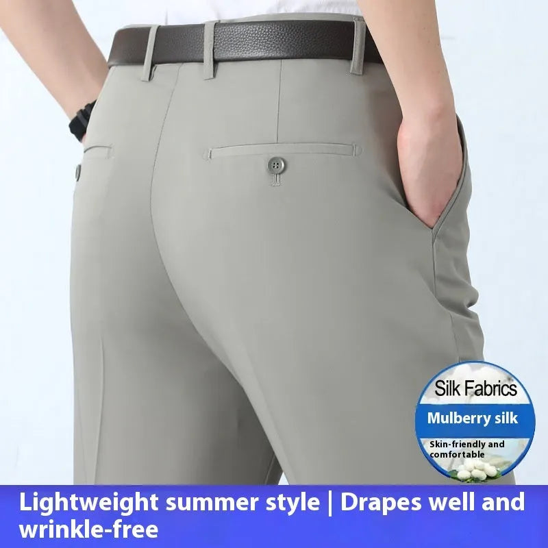 Men's straight leg non-ironing suit trousers in a mulberry silk blend fabric, shown in dark blue.