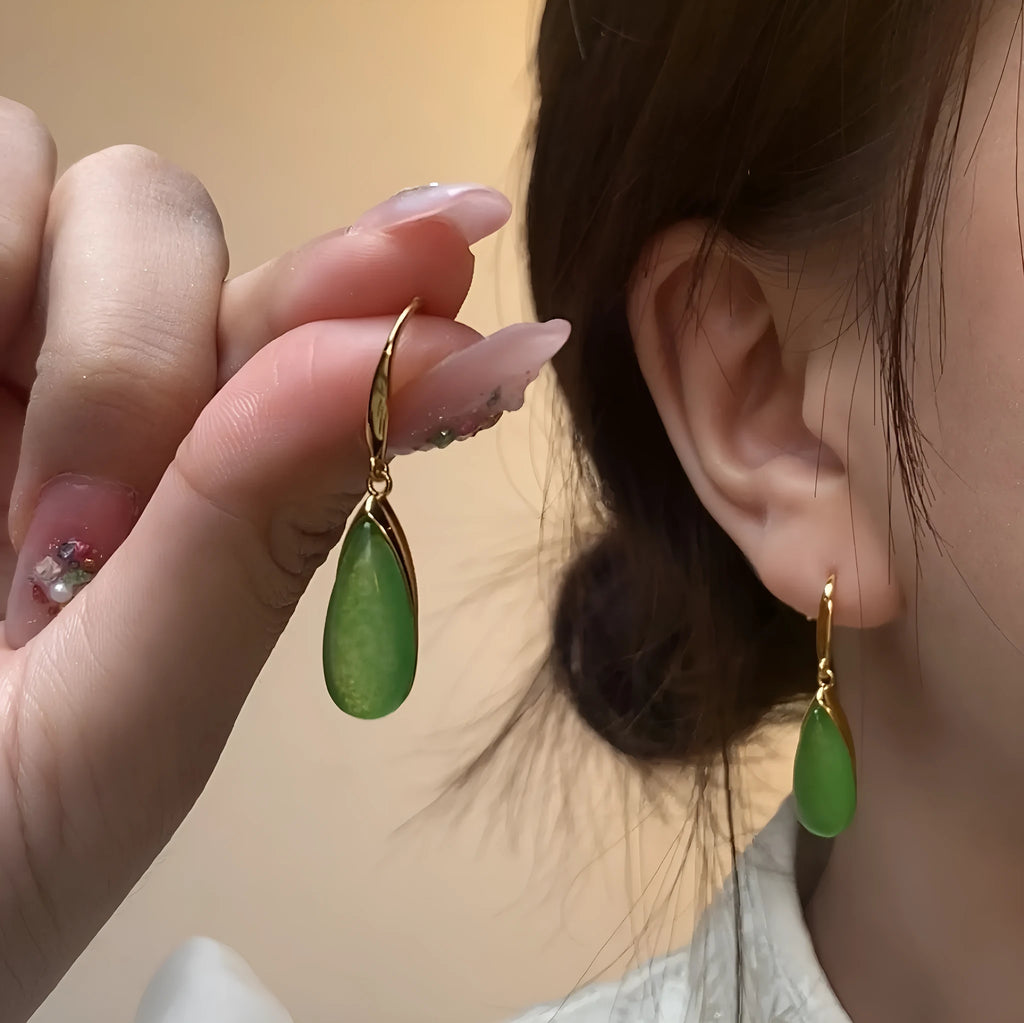 Retro Chinese style geometric earrings with water droplet elements and jade-colour electroplated finish