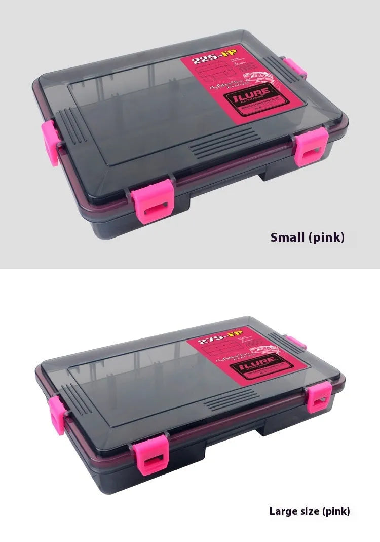 Transparent orange waterproof PP plastic fishing lure storage box with lures inside
