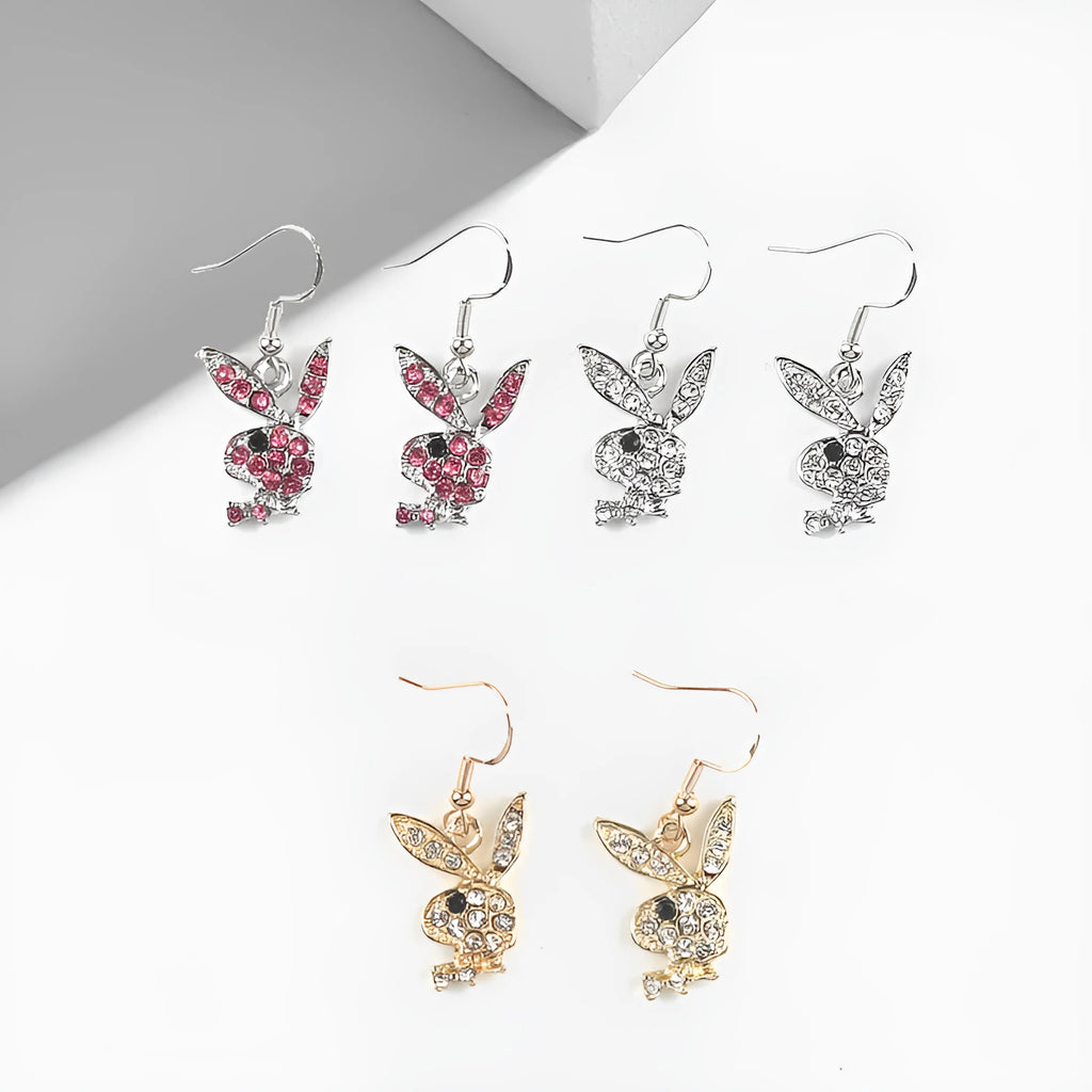 Cute full diamond rabbit stud earrings in gold, pink, and silver alloy.
