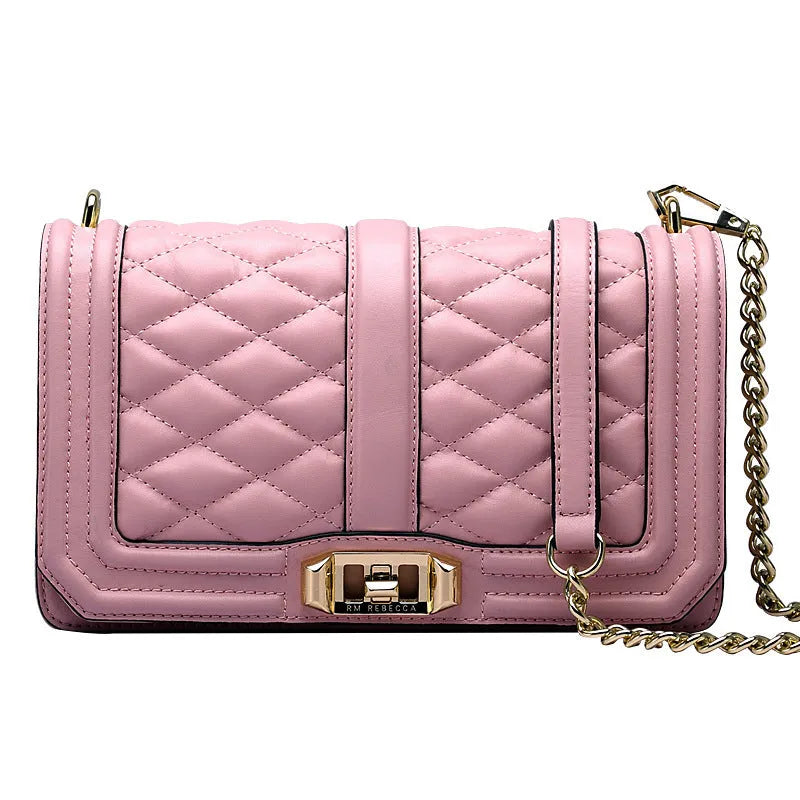 Women's shoulder chain bag in first layer cowhide with plaid pattern and chain strap, square shape