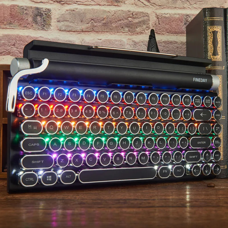 Black retro typewriter mechanical keyboard with backlighting and Bluetooth connectivity