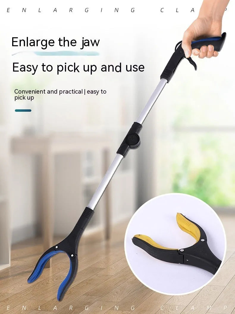 Foldable silver aluminium garbage clamp with blue handle, shown extended and with magnet sucker detail.