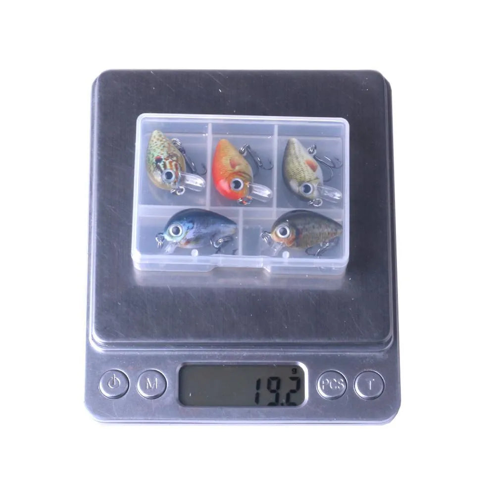 Mini crankbait fishing lures 2.7 cm 1.5 g with 3D holographic eyes and bright colours, 5-piece set in box