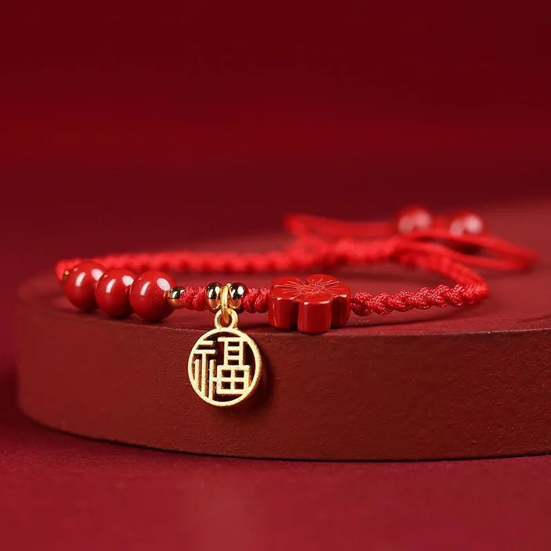 Cinnabar bracelet with braided rope and peach blossom charm for exam luck