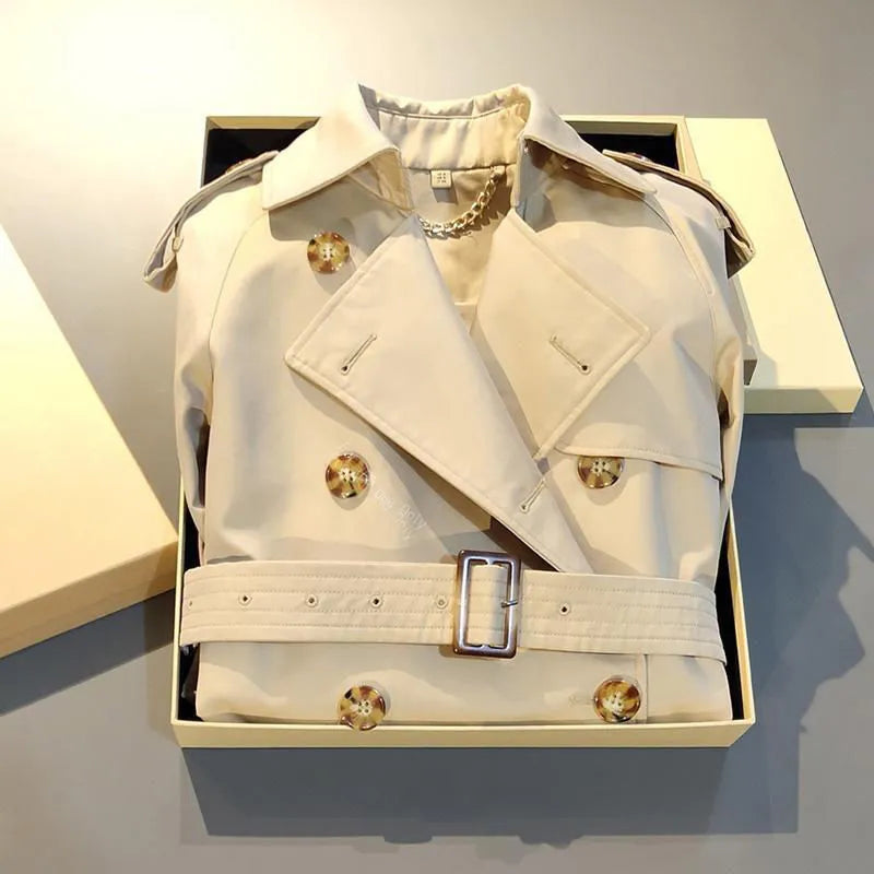 Khaki double-breasted women's trench coat with flight sleeves, shown on a hanger.