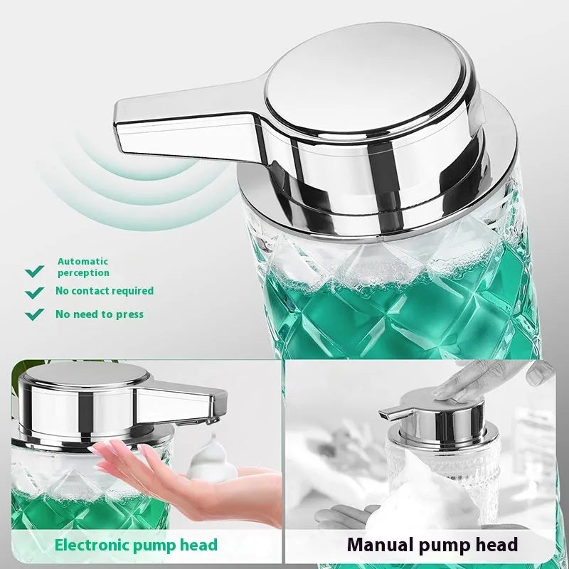 Silver automatic soap dispenser with USB type-C charging port on a bathroom counter.