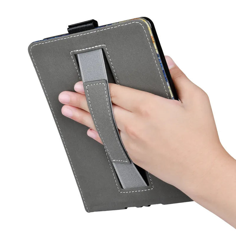 A 6-inch Kindle protective case in an embossed TPU material, shown in a Van Gogh starry sky design, with its folding bracket stand extended.