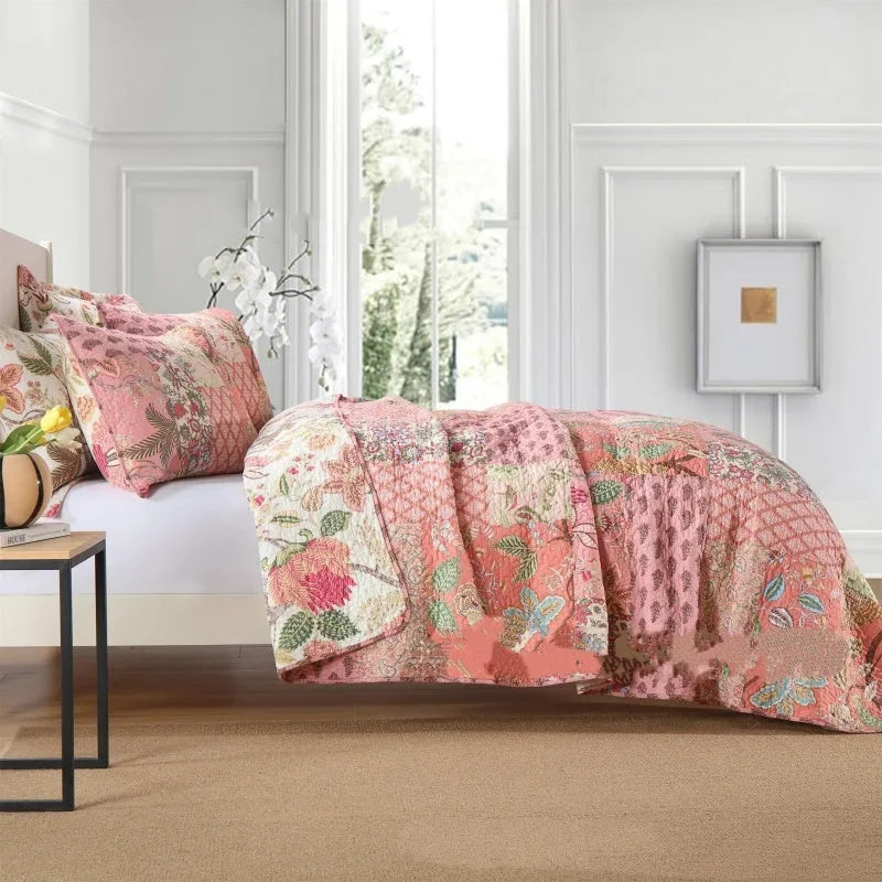 Handmade pure cotton bedding set in pink with flowers pattern on a 2.0m bed