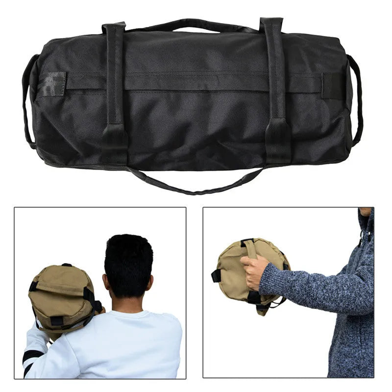 Black weightlifting sandbag with 6 handles, 900D Oxford cloth, 48cm, sitting on a gym floor.