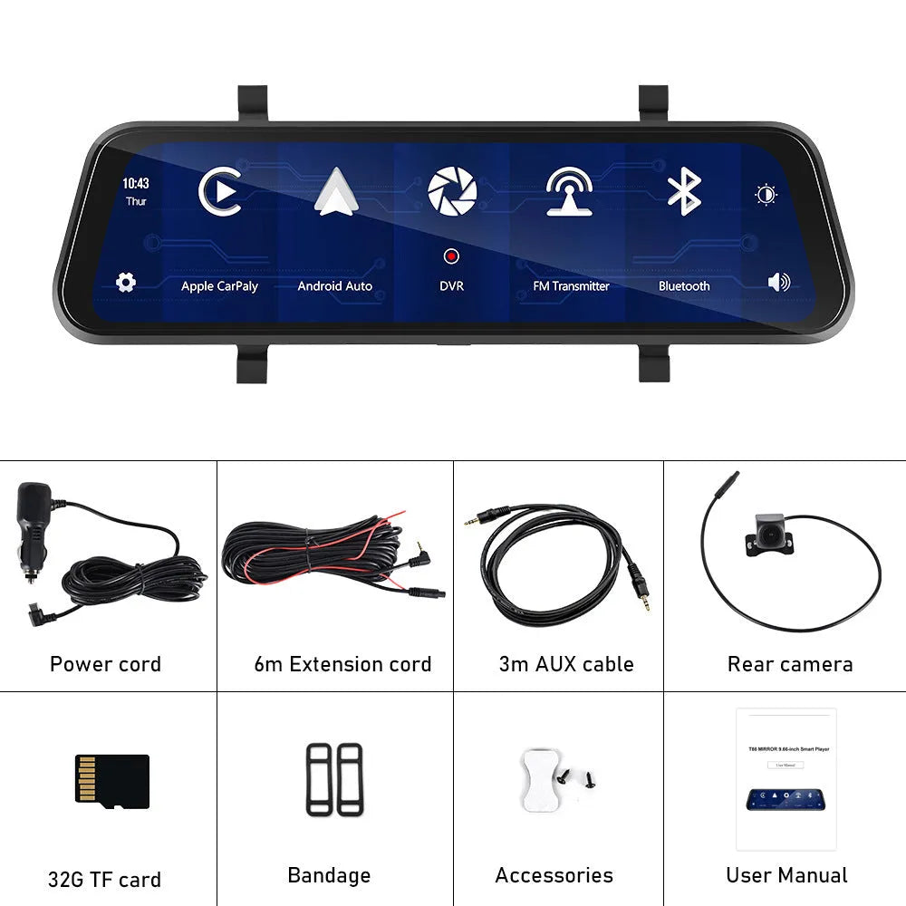 9.66-inch HD in-mirror car dash cam display with front camera and waterproof rear view camera on brackets.