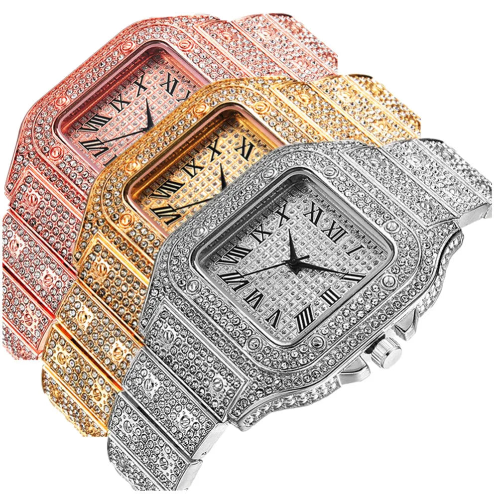 Roman grain graduation quartz watch set with square diamond-studded dial and black mesh band