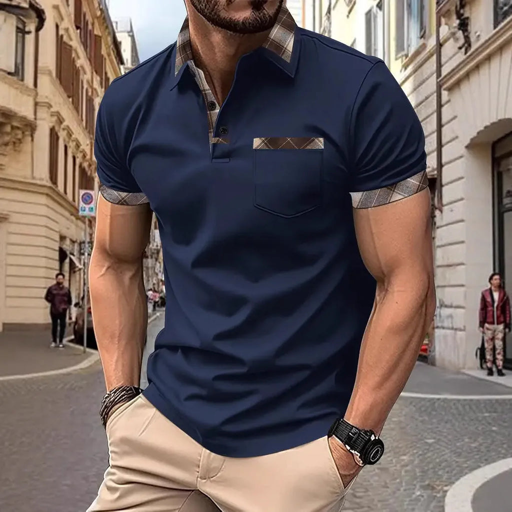 Men's loose fit plaid colourblock t-shirt with short sleeves and zipper decorations in multiple colour options