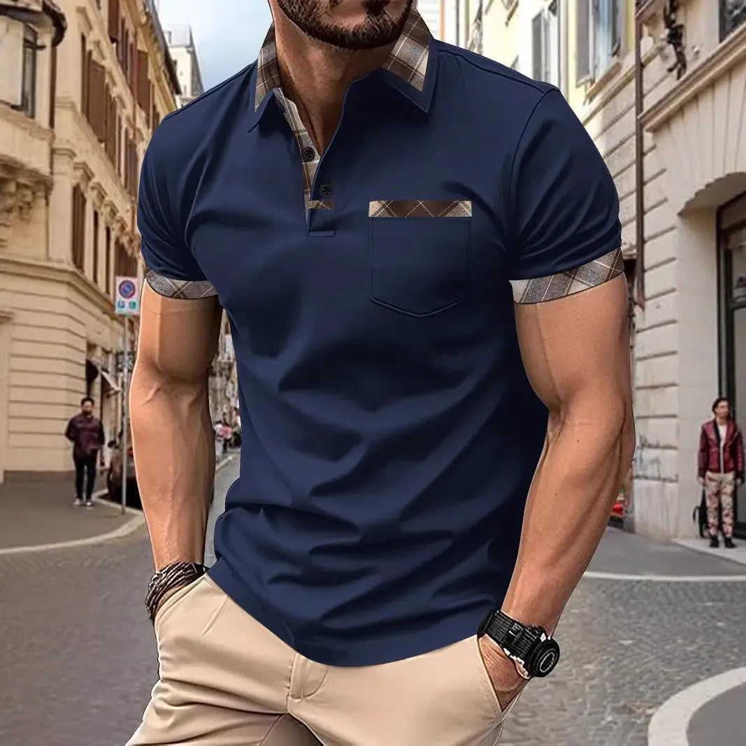 Men's loose fit plaid colourblock t-shirt with short sleeves and zipper decorations in multiple colour options