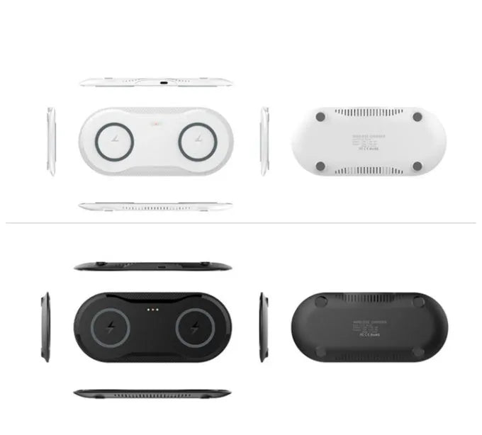 Black and white dual wireless charger showing two phones charging simultaneously on separate pads