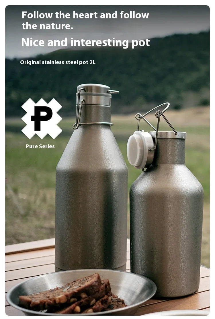 Stainless steel outdoor thermal pot with carrying handle, available in single or double layer insulation options