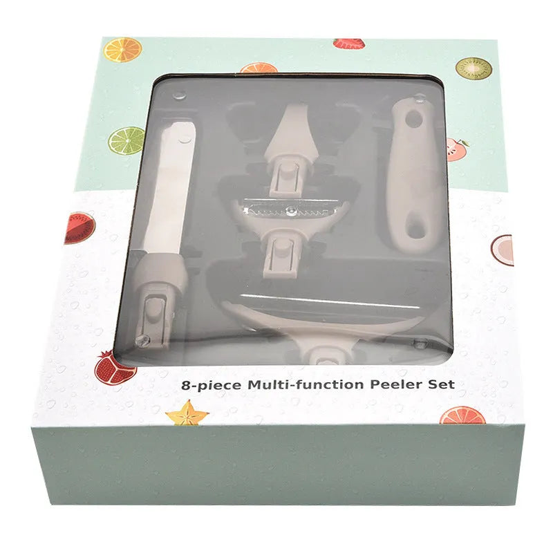 Brown eight-piece kitchen tool set with stainless steel cutter, peeler, fruit knife and wheat straw chopping board
