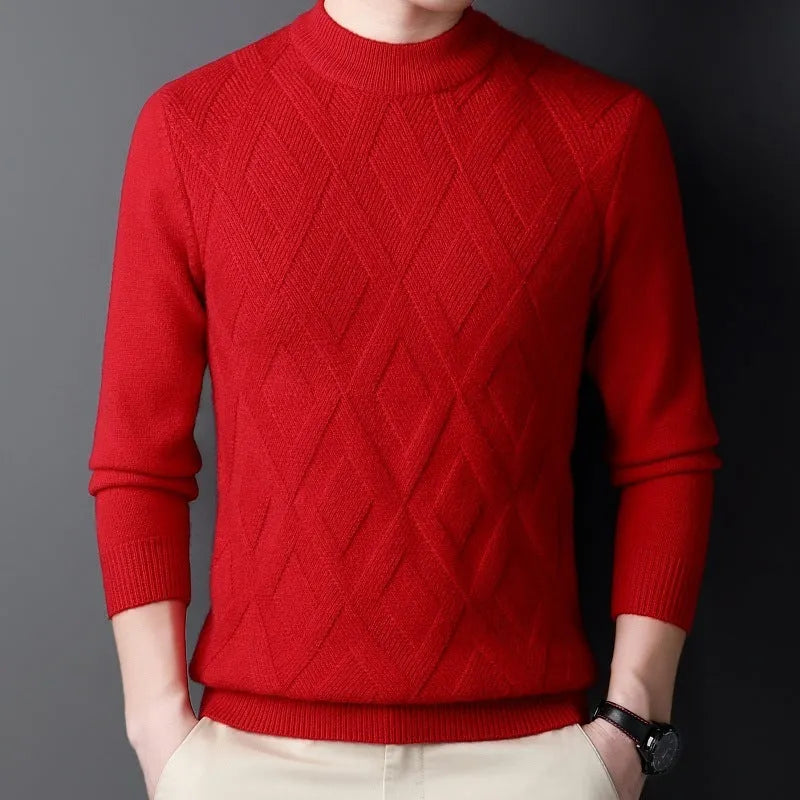 Men's thick grey diamond jacquard knit winter pullover sweater on a hanger.