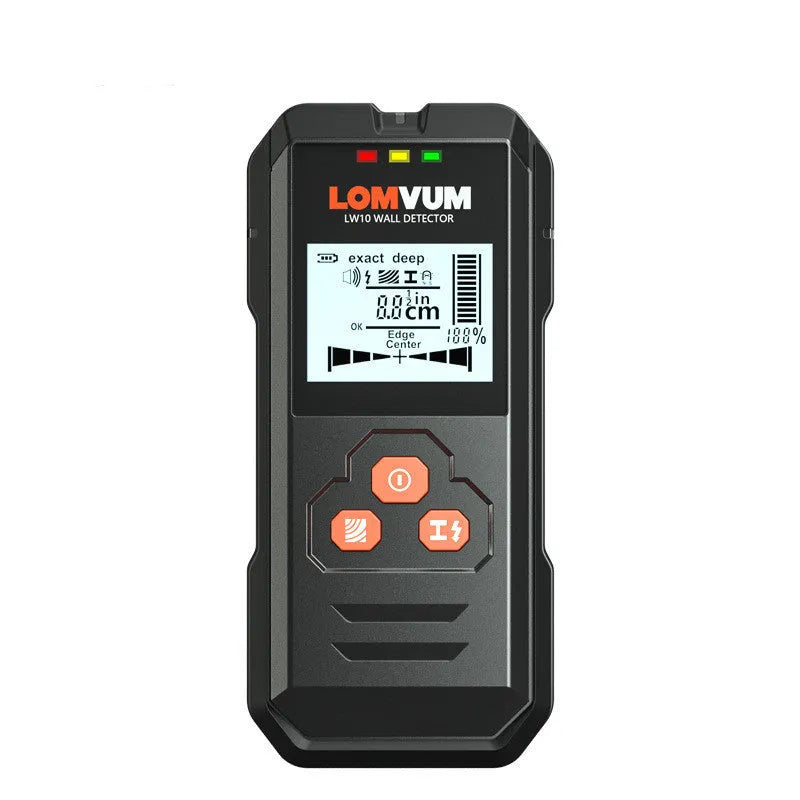 Handheld multifunctional wall detector tool for finding metal, wires, and wood behind walls.